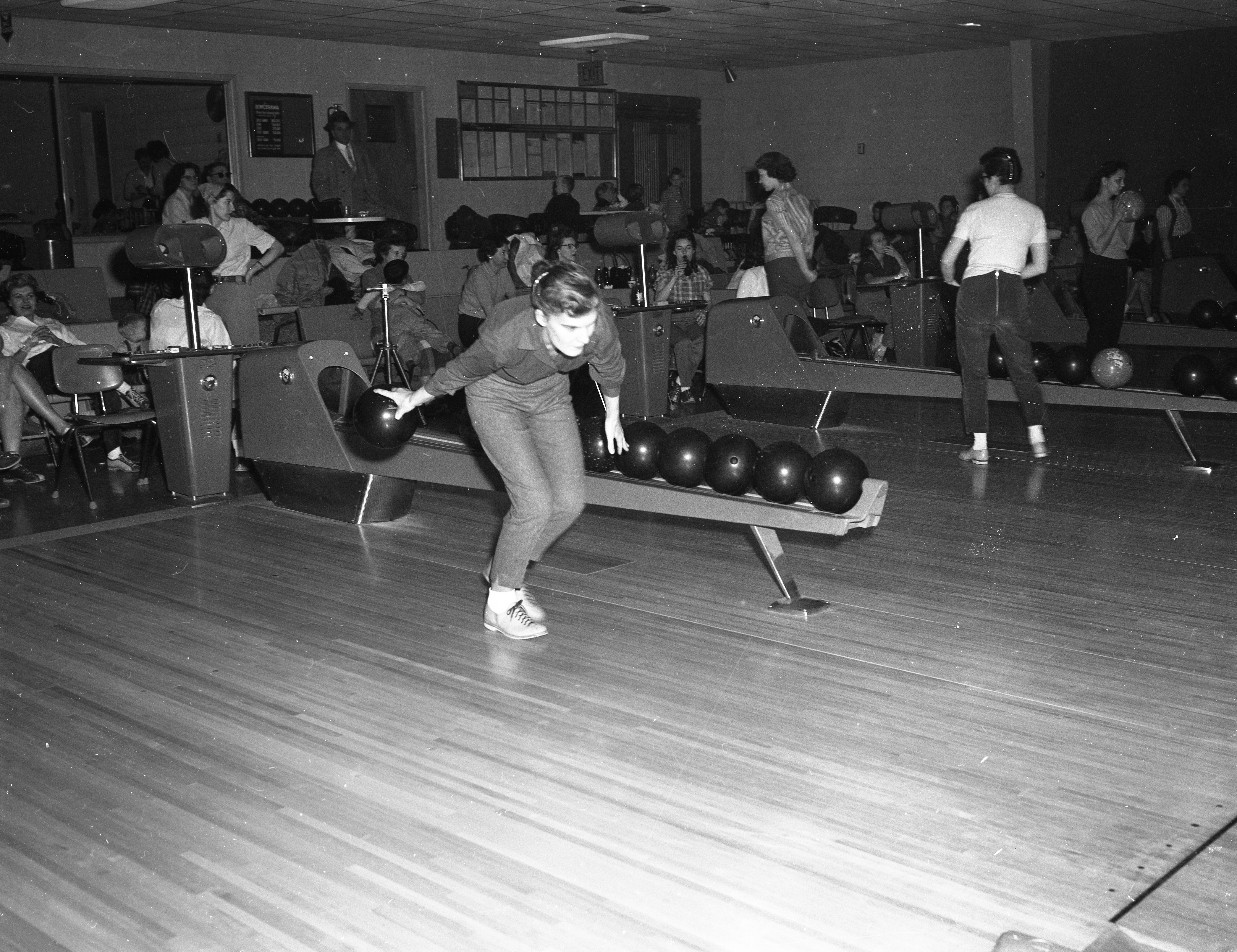 Convair employee in action at the bowling alley.