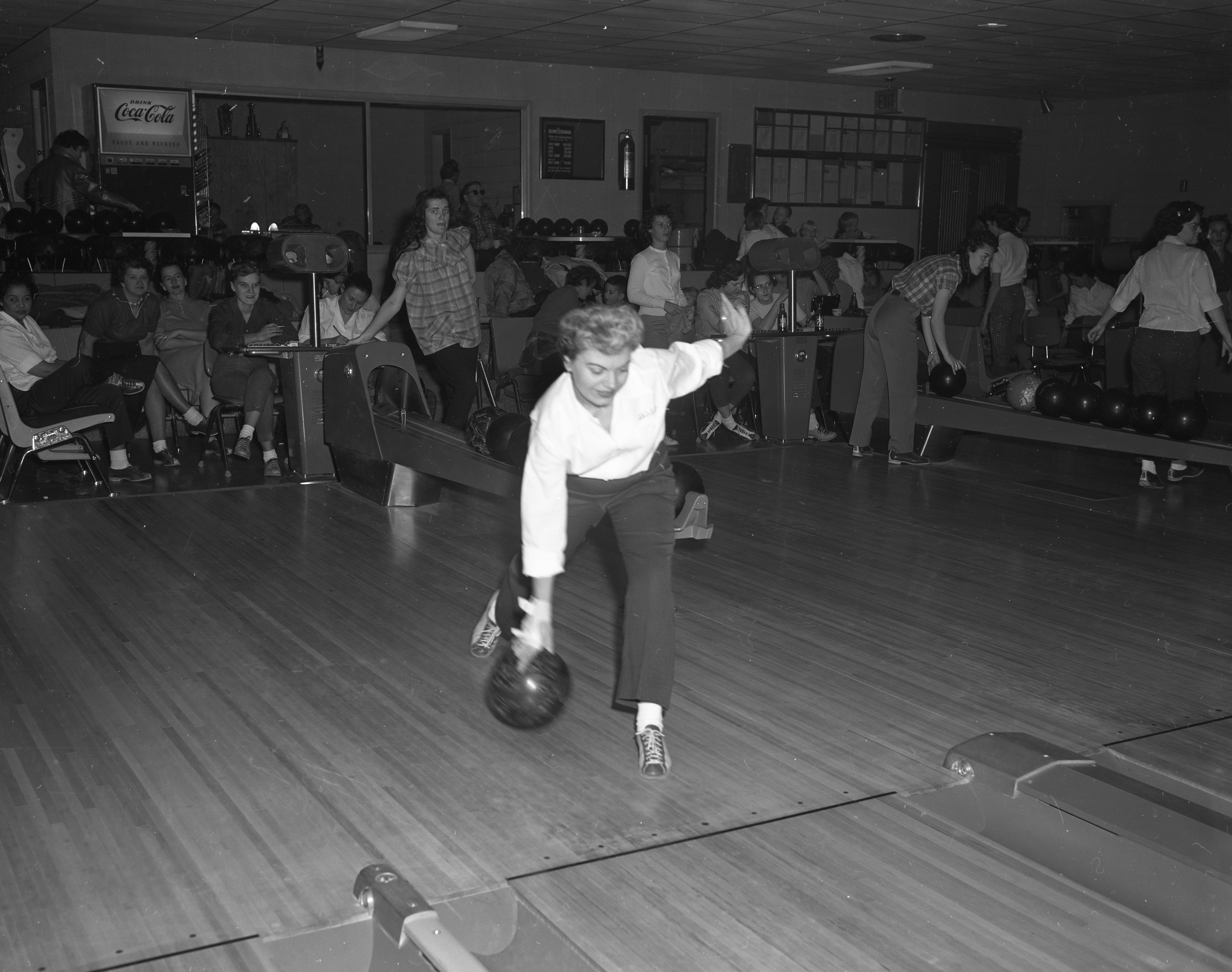 Convair employee in action at the bowling alley.