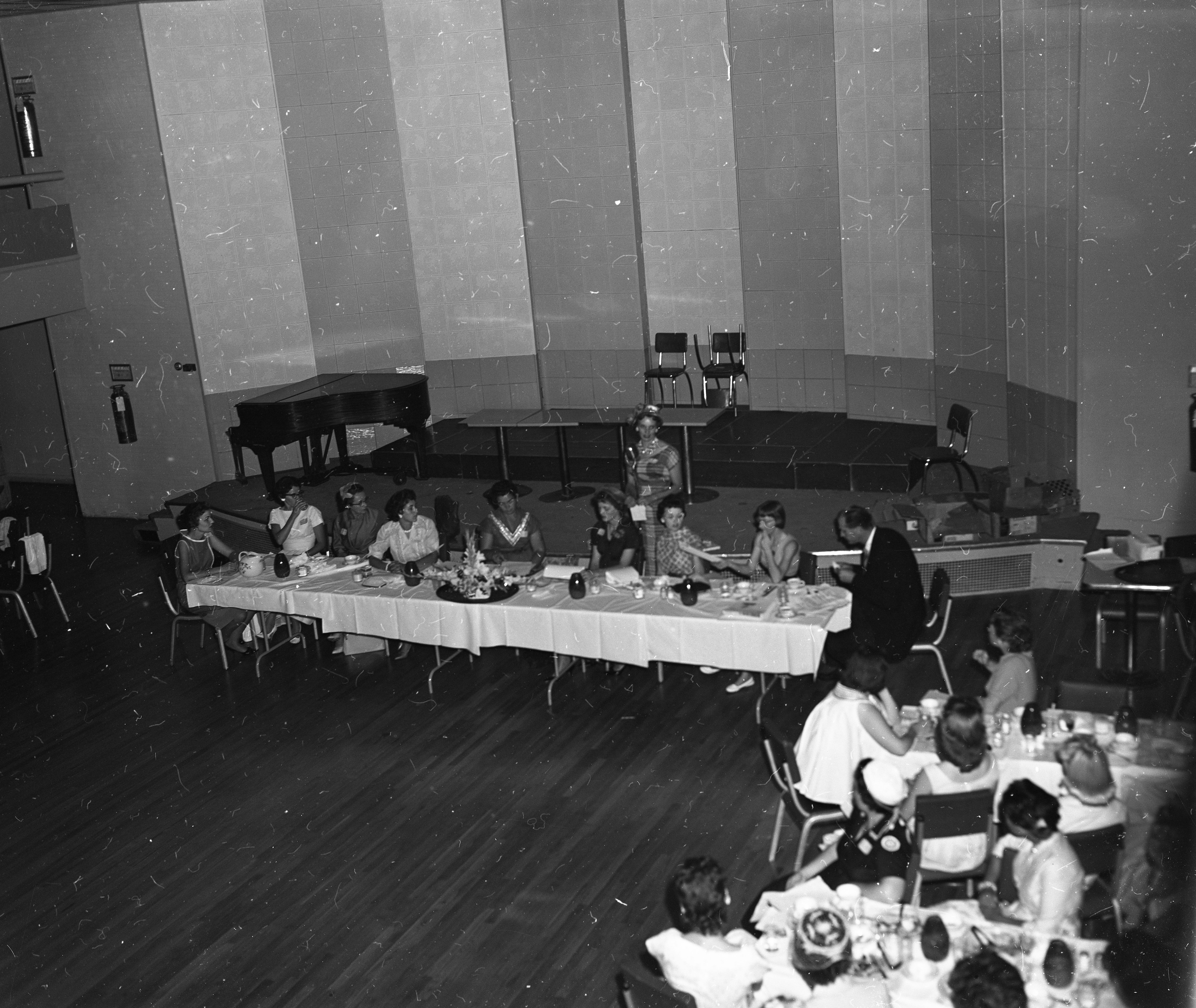 Woman giving speech during luncheon.